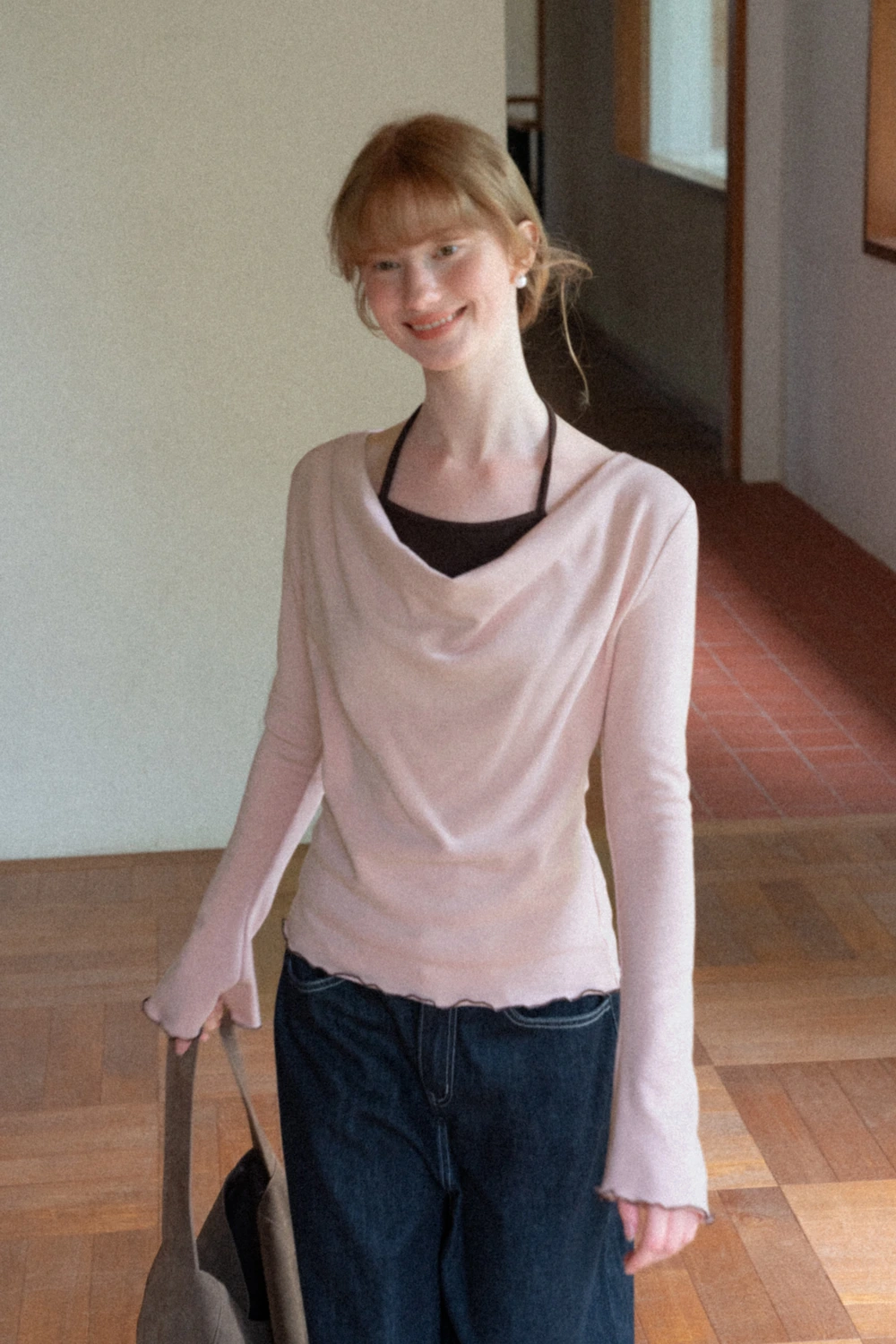 Beige Long-Sleeve Top with Ruffled Hem and Bow Tie Back