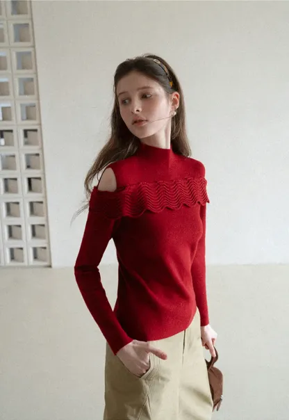 Elegant Off Shoulder Knit Sweater with Wave Detail