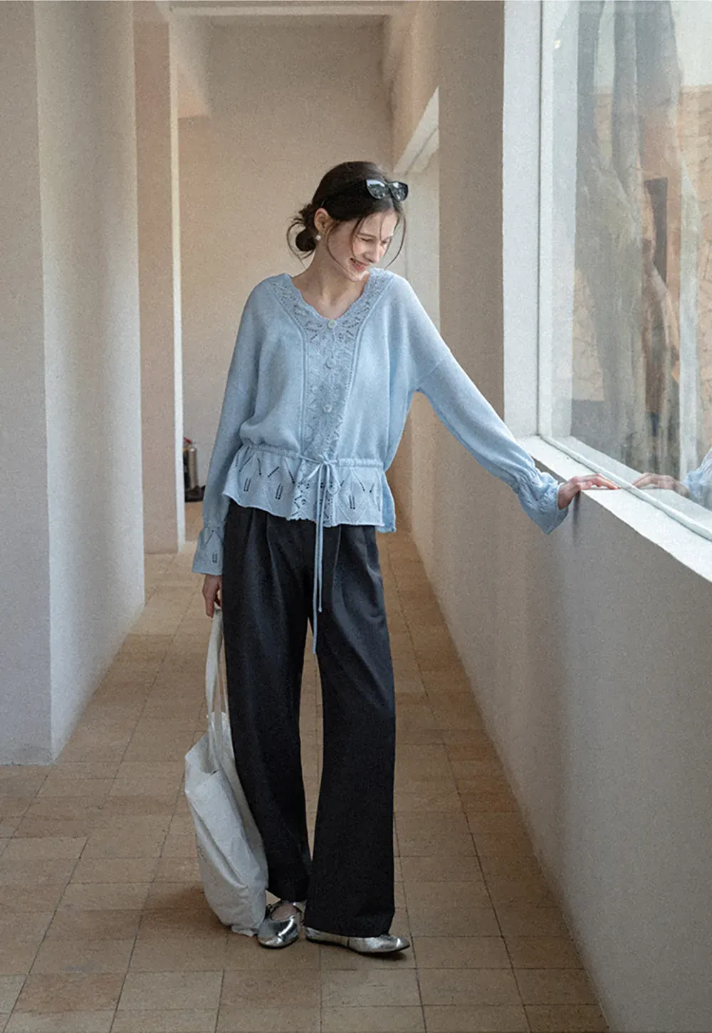 Lace Trimmed V Neck Knit Sweater with Drawstring Hem