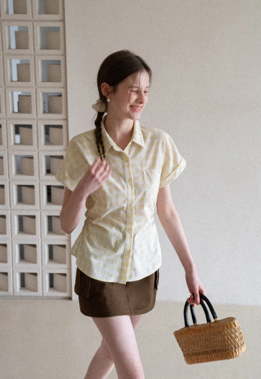 Checkered Shirt with Short Sleeves and Pleated Back