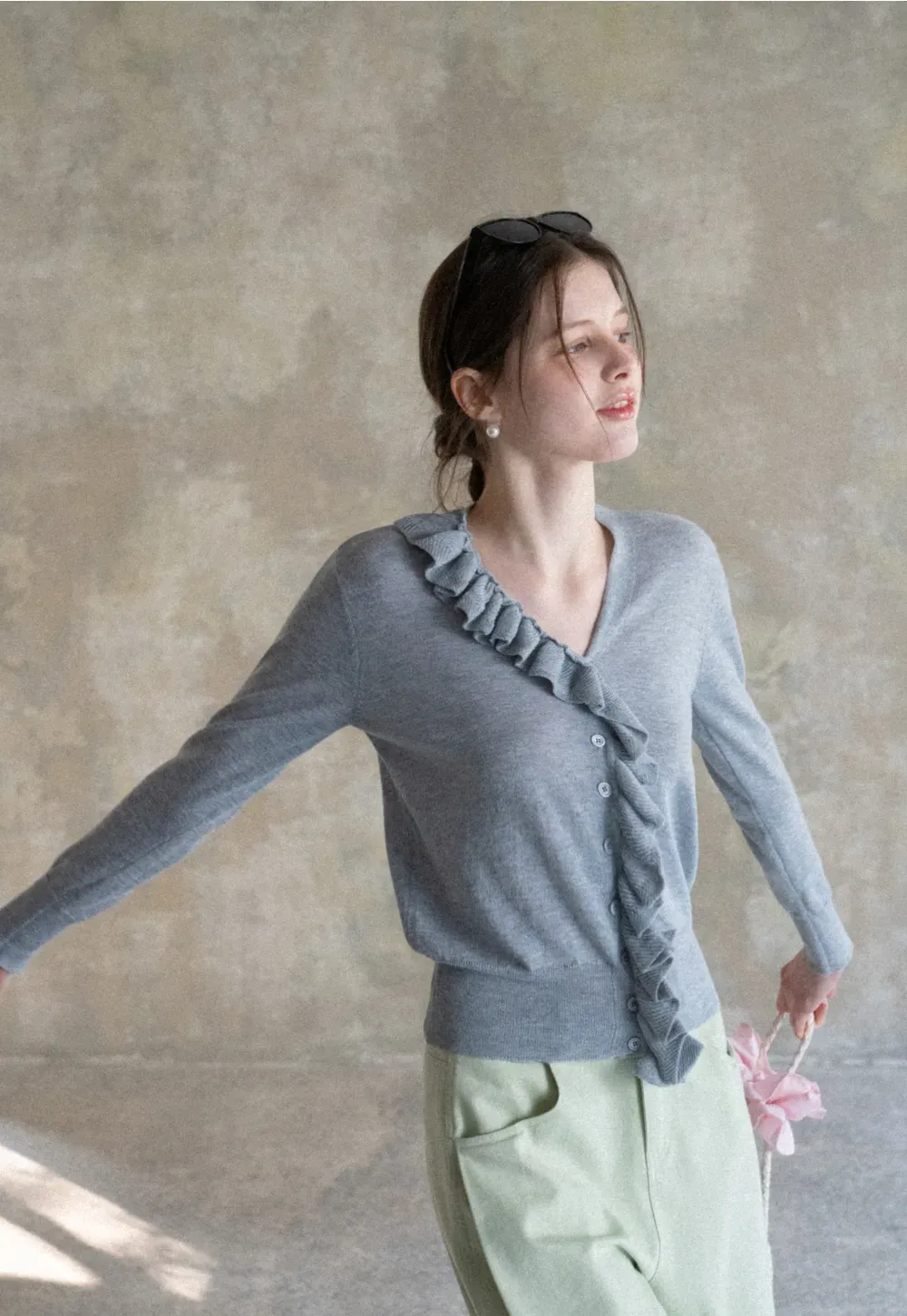 Lightweight Long Sleeve Knit Sweater with Ruffled Trim