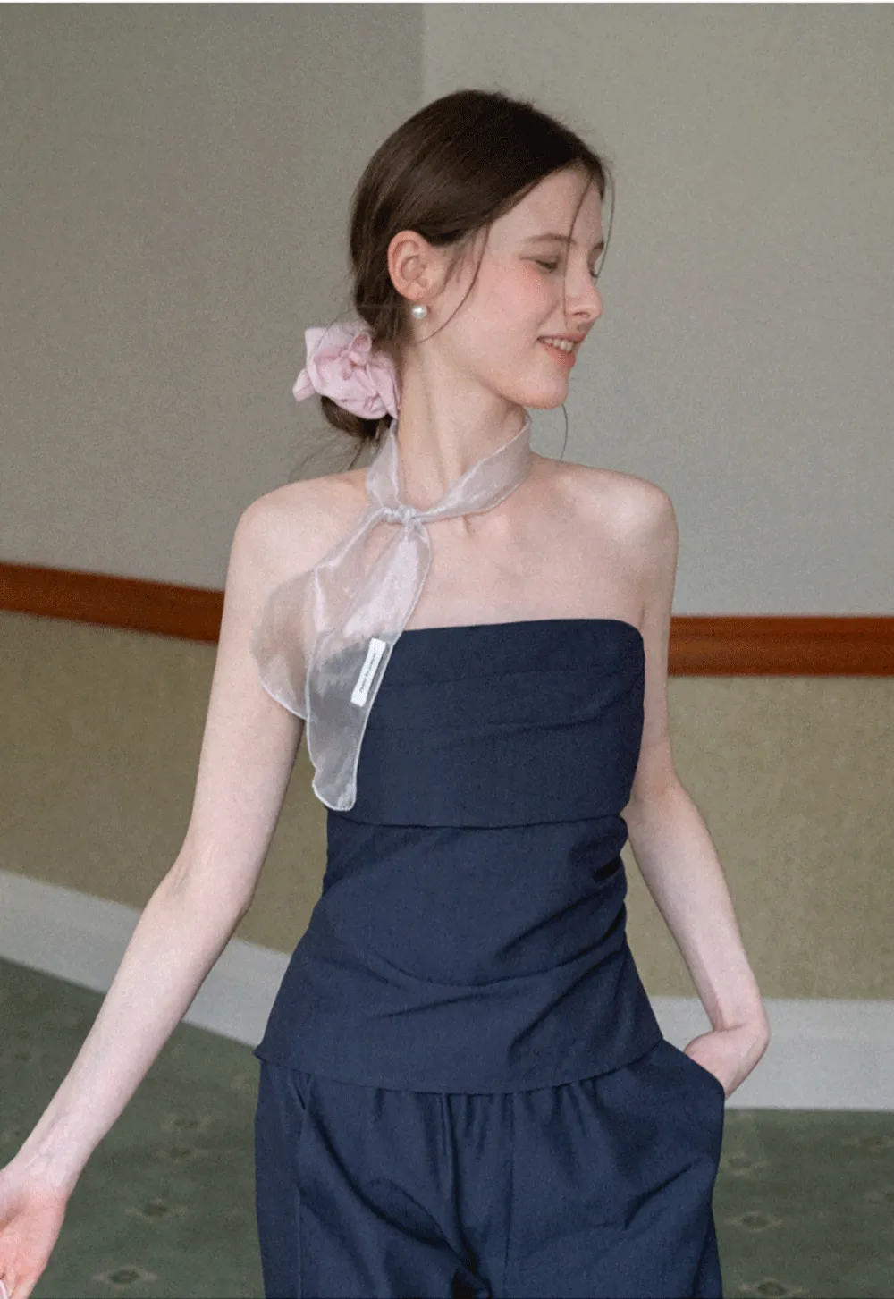 Strapless top with sheer neck tie and loose fit pants