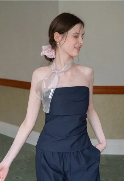 Strapless top with sheer neck tie and loose fit pants