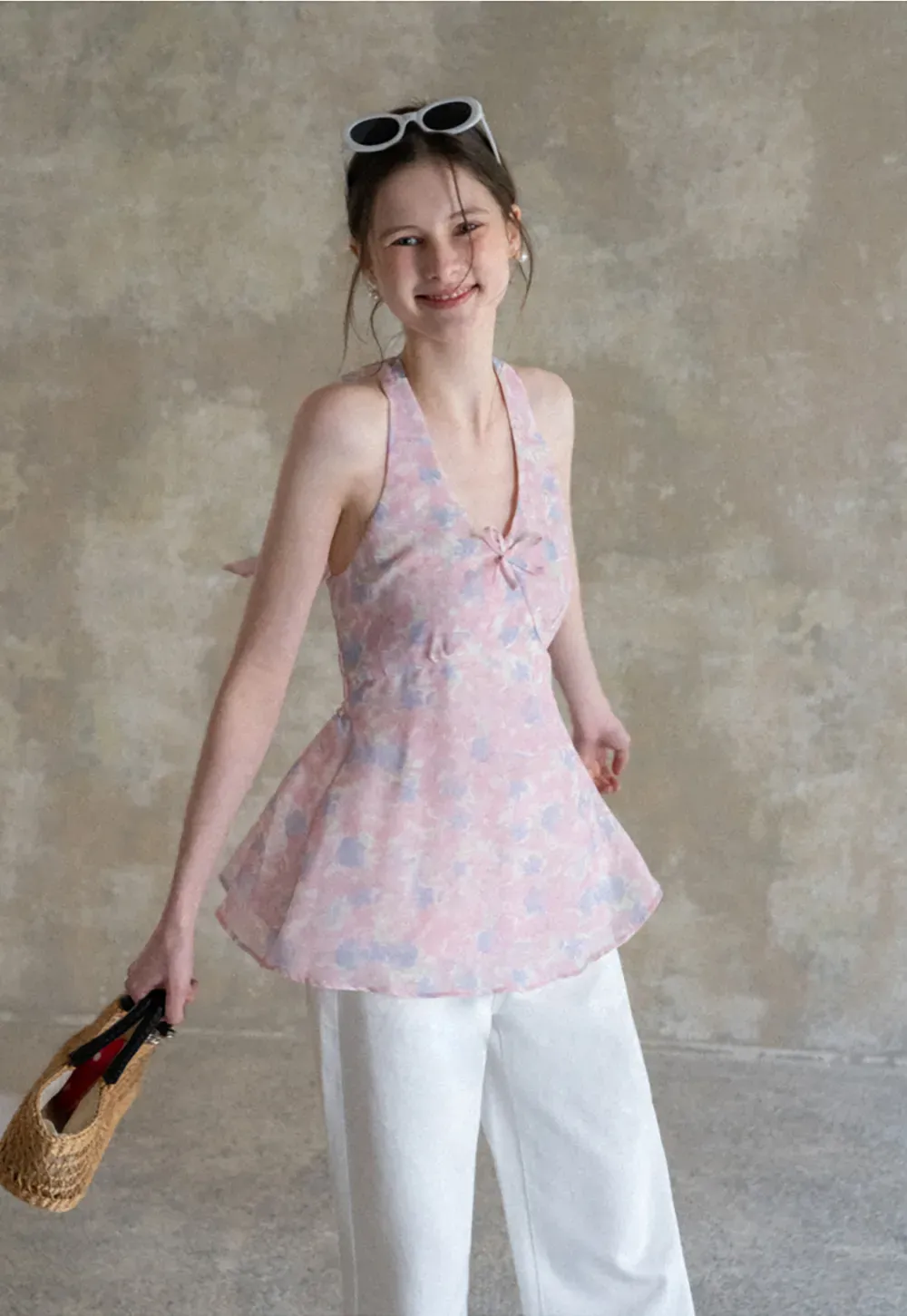 Woolen knit sweater with tie front and floral tank top