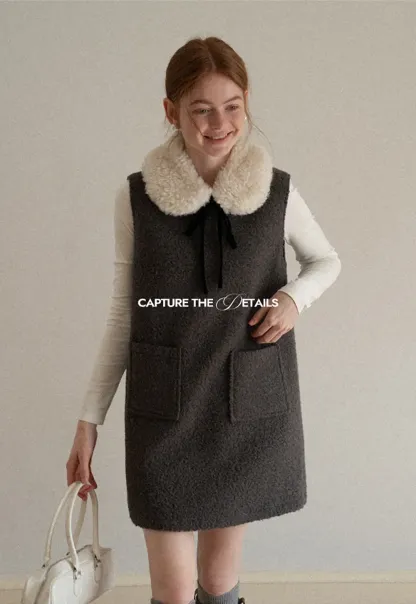 Wool Blend Sleeveless Dress with Faux Fur Collar