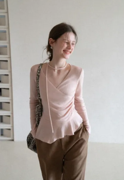 Long sleeve wrap knit sweater with ruched detail