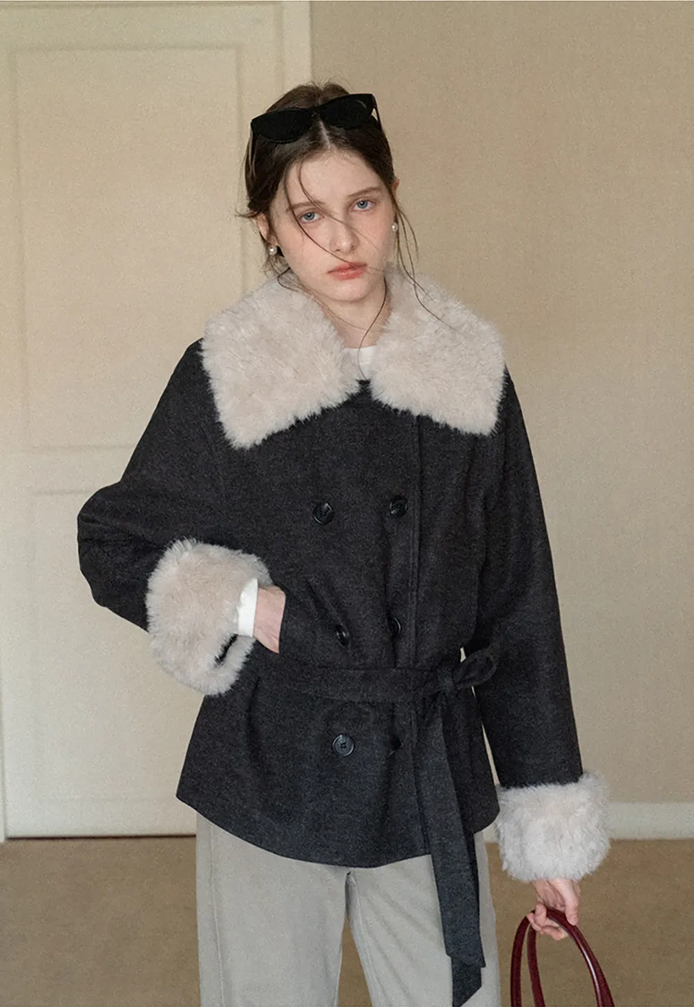Wool Coat with Fur Collar and Cuff Belted Design