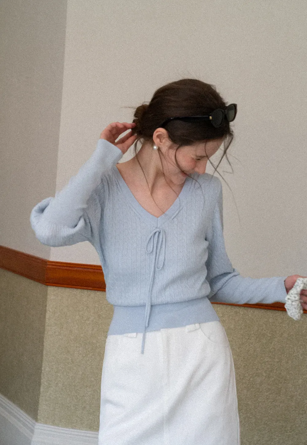 V Neck Knit Sweater with Front Tie Detail