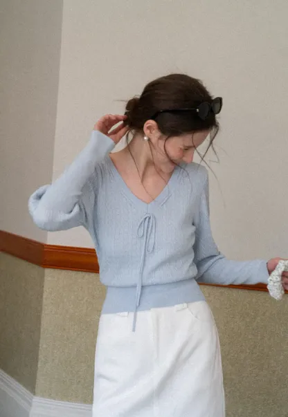 V Neck Knit Sweater with Front Tie Detail