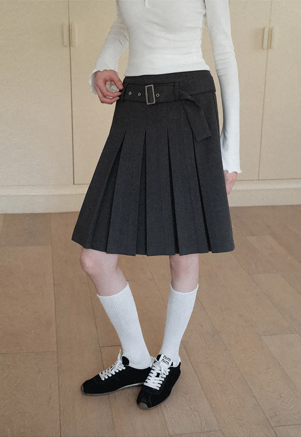 Pleated A Line Skirt with Belt Detail
