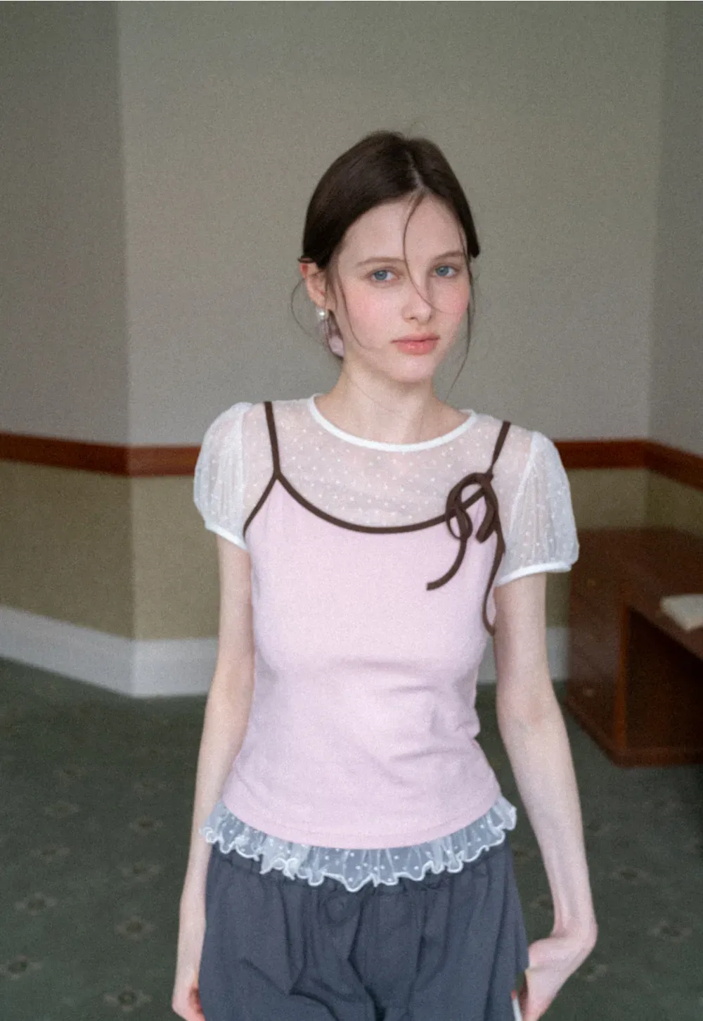 Sheer Mesh Trimmed Tank Top with Bow Detail