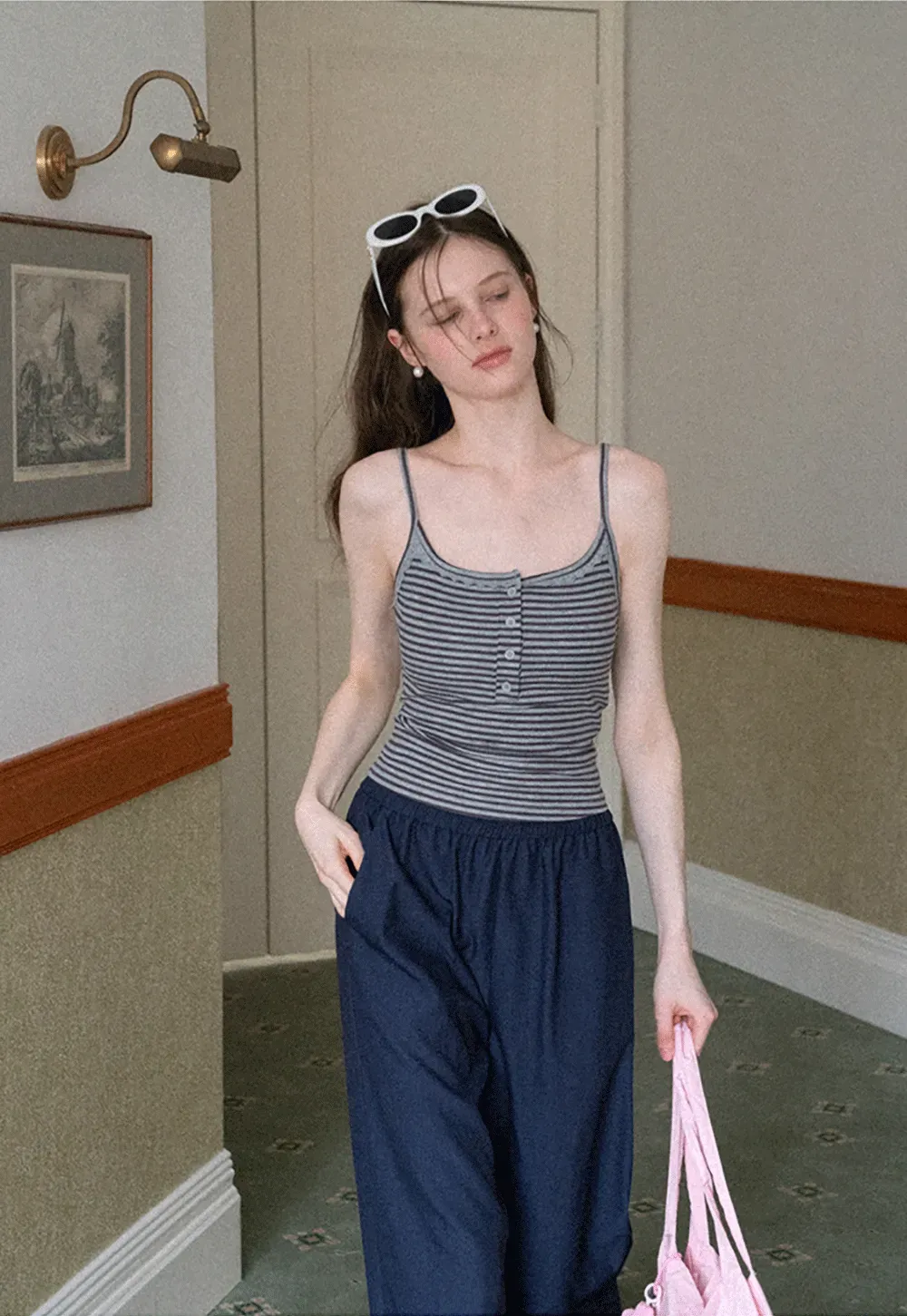 Strapless top with sheer neck tie and loose fit pants