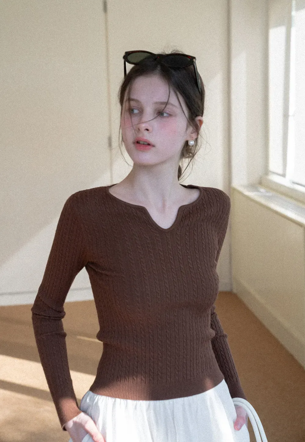 V Neck Cable Knit Sweater Top