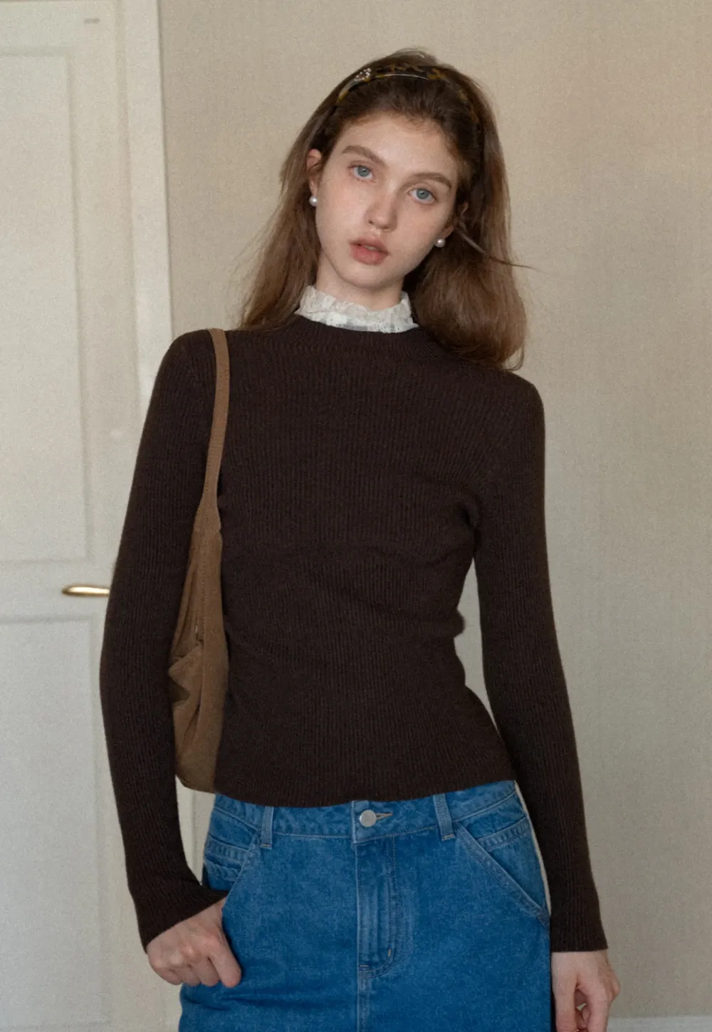 Womens Ribbed Mock Neck Top with Lace Buttons