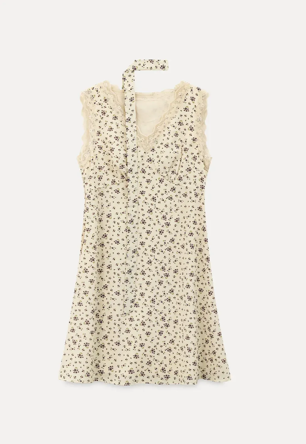 Floral Print Sleeveless Dress with Lace Trim and Choker Neckline