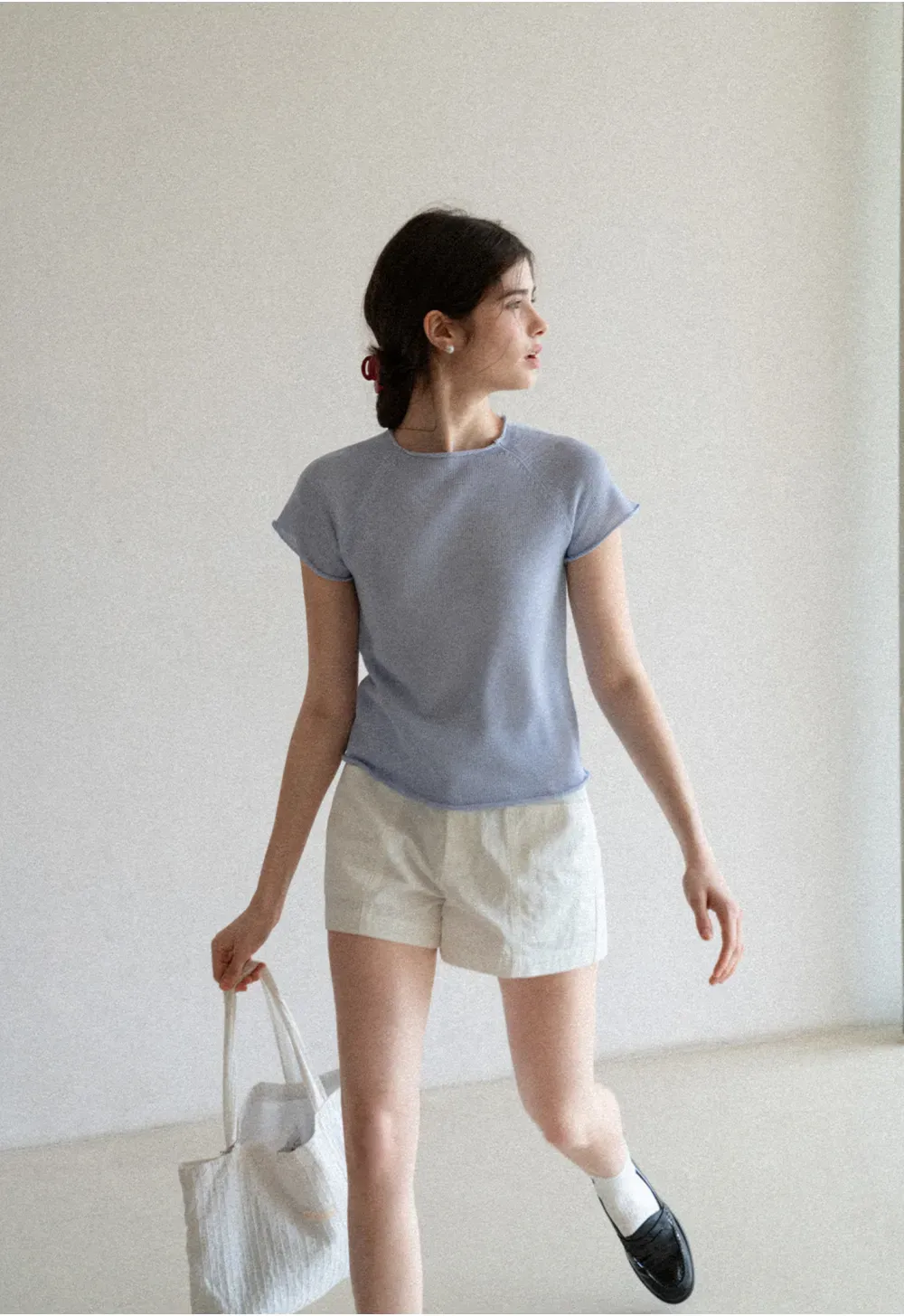 Short Sleeve Ribbed Knit Top with Raglan Sleeves