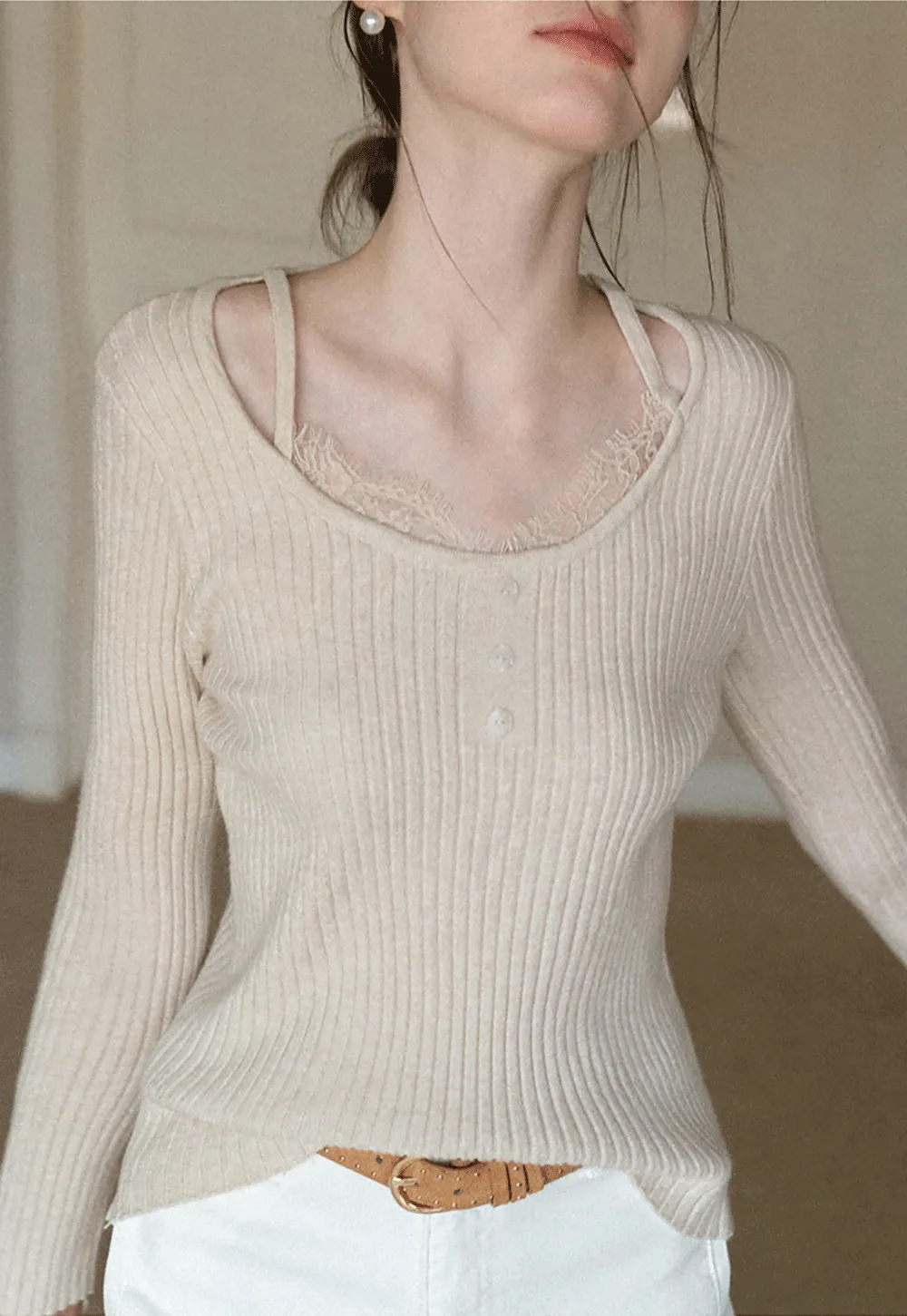 Ribbed knit sweater with boat neck and long sleeves