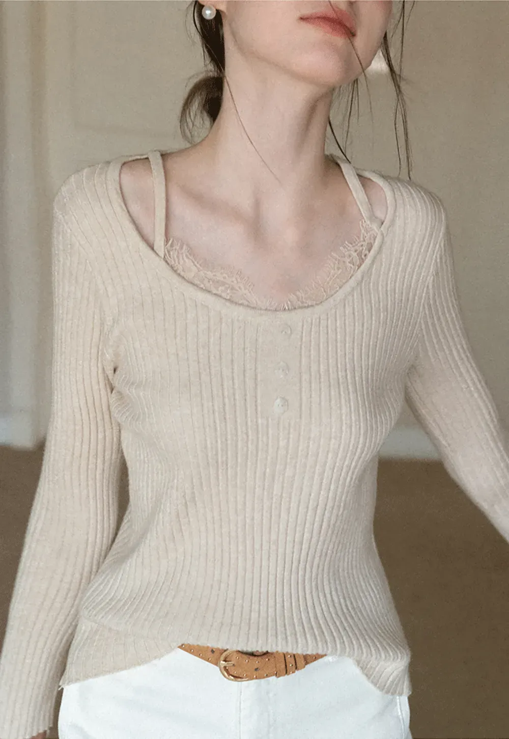 Ribbed knit sweater with boat neck and long sleeves