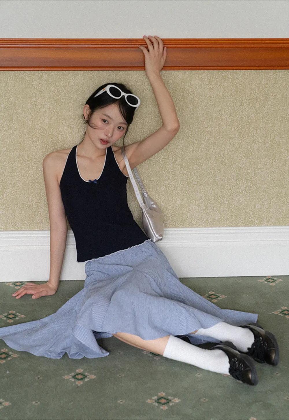 Gingham Pleated Flared Skirt