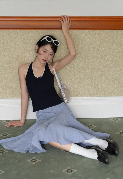 Gingham Pleated Flared Skirt