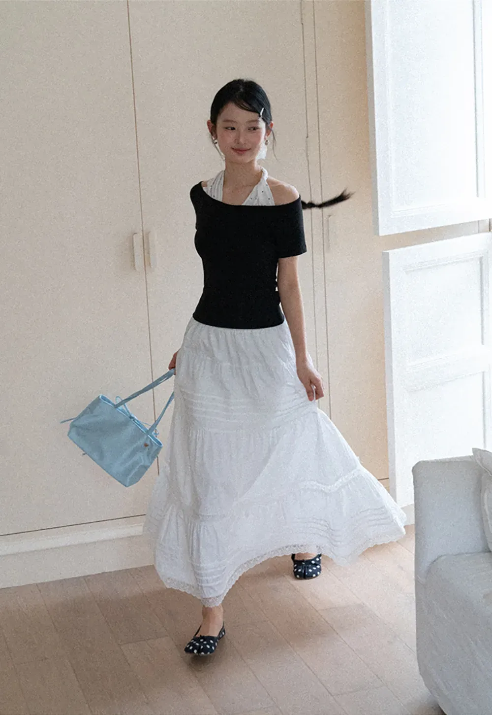 Off shoulder short sleeve top with halter neck detail