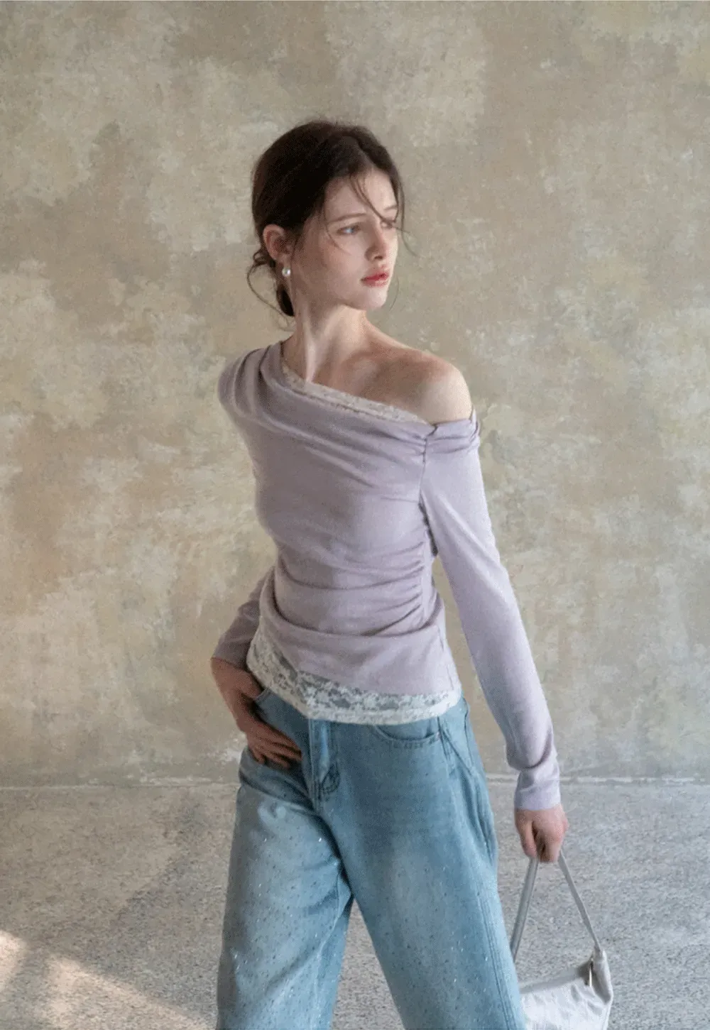 Off shoulder long sleeve top with lace trim