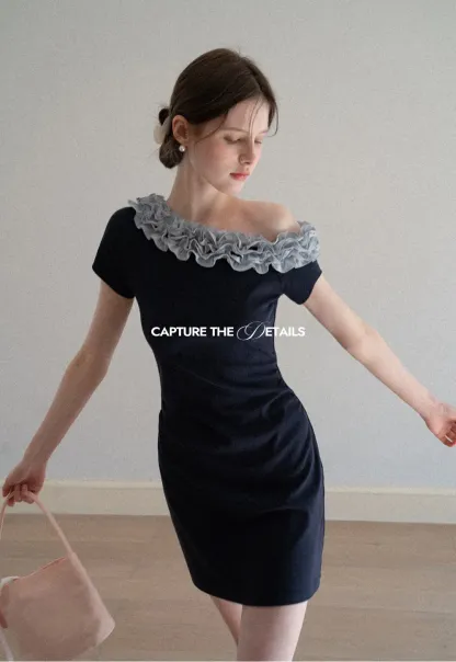 Short Sleeve Dress with Ruffled Off Shoulder Detail