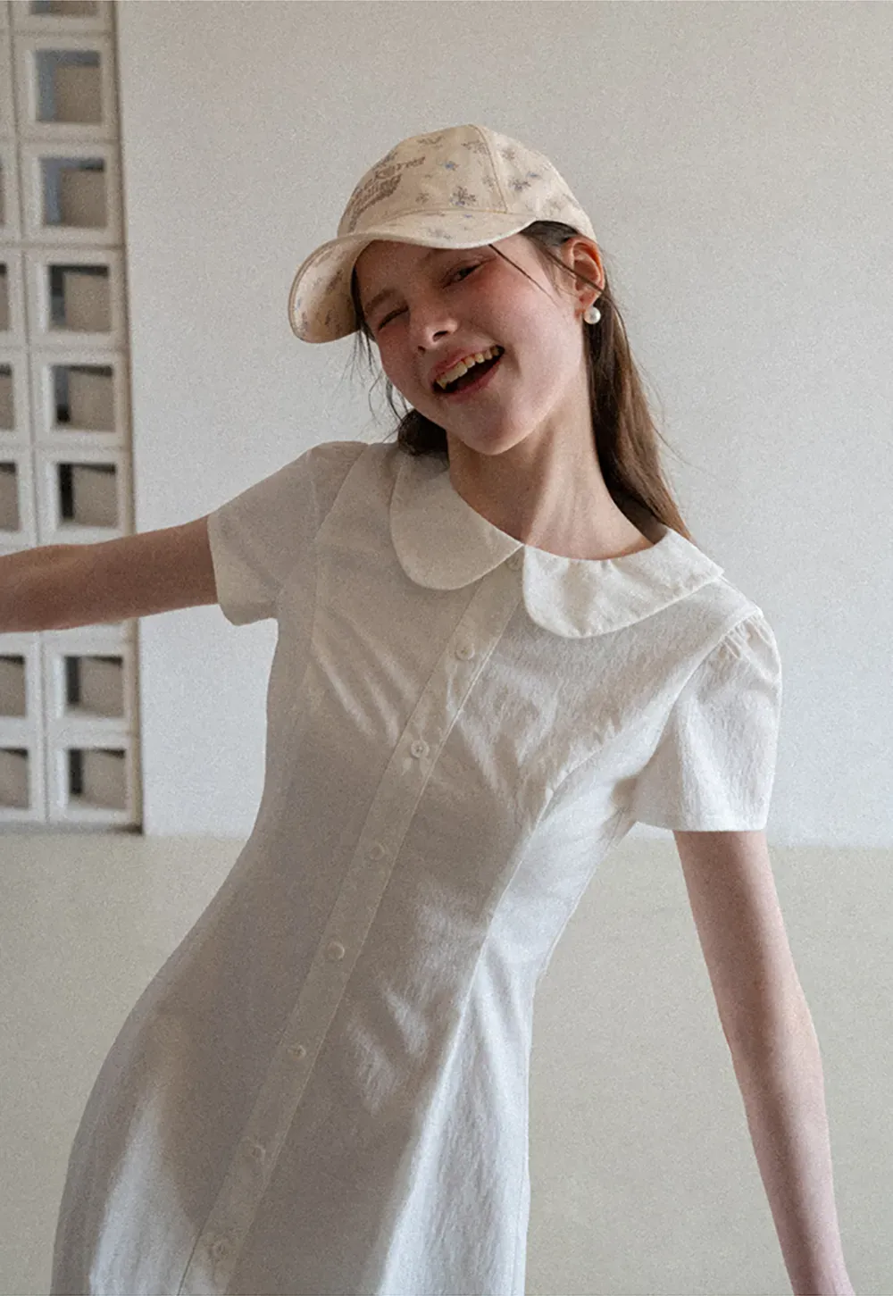 Button Front Dress with Peter Pan Collar and Short Sleeves