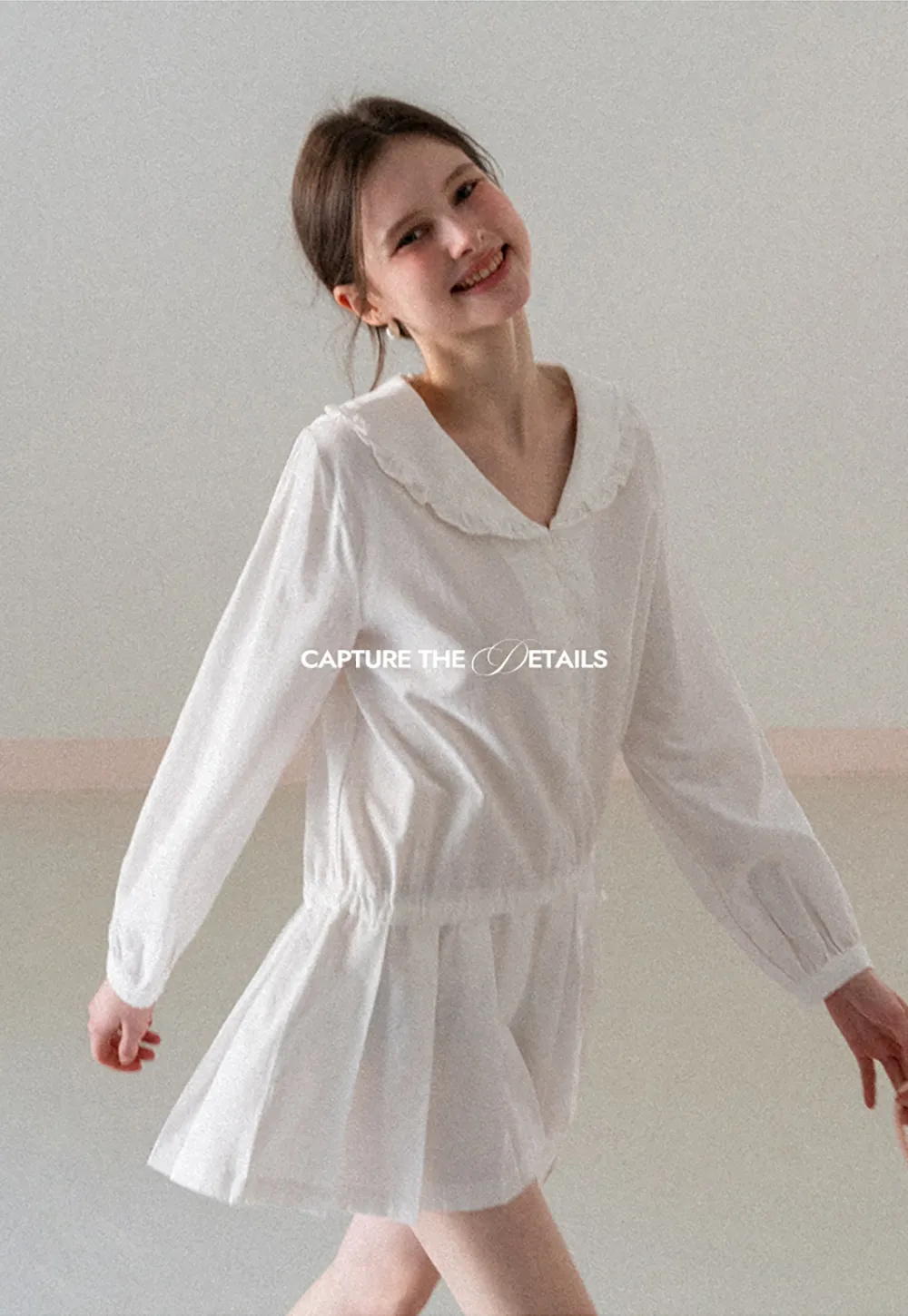 Pleated Hem Long Sleeve Blouse with Ruffled Collar