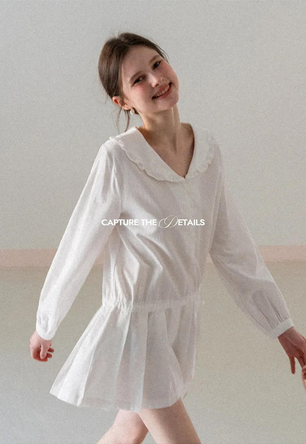 Pleated Hem Long Sleeve Blouse with Ruffled Collar