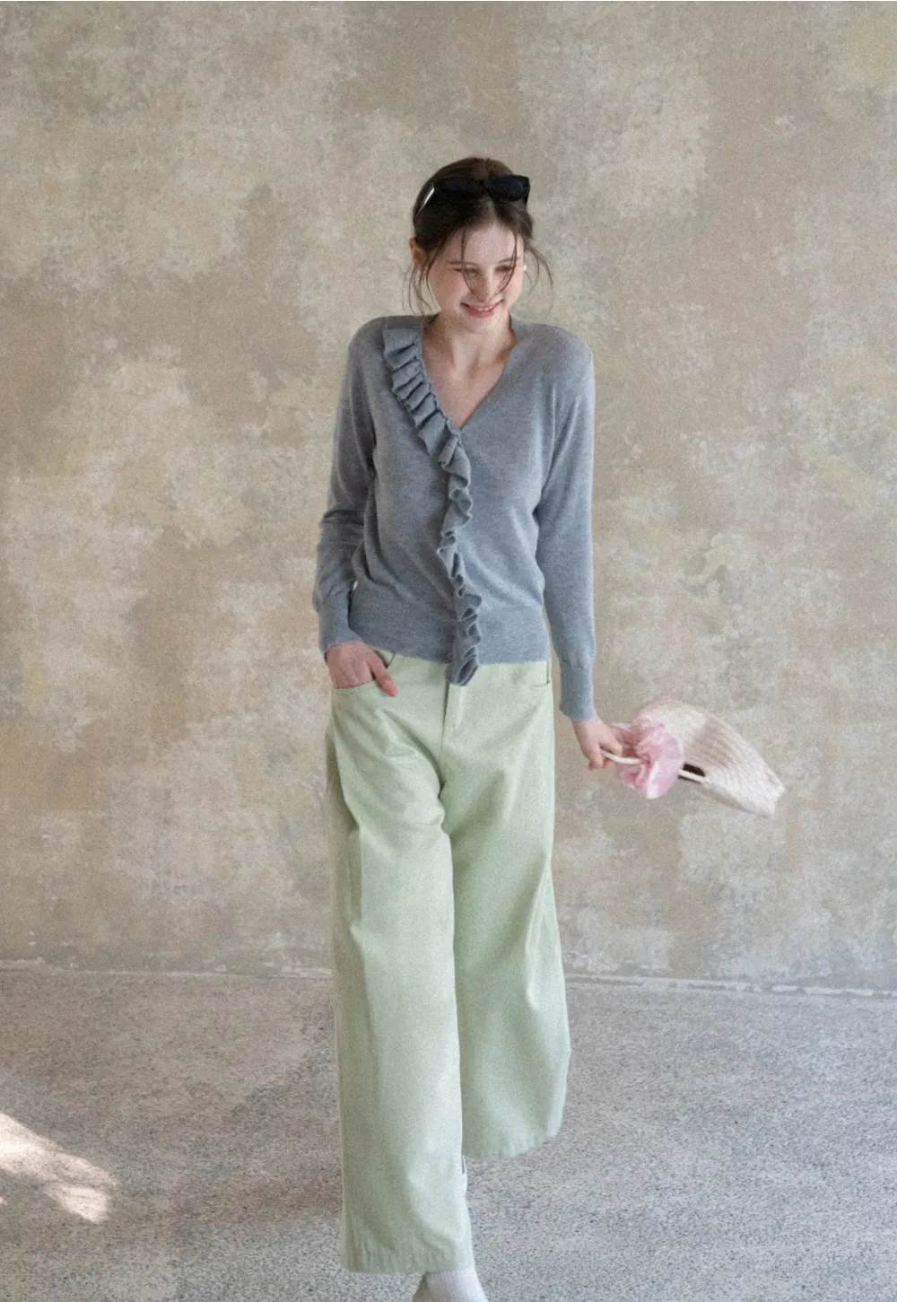 Lightweight Long Sleeve Knit Sweater with Ruffled Trim