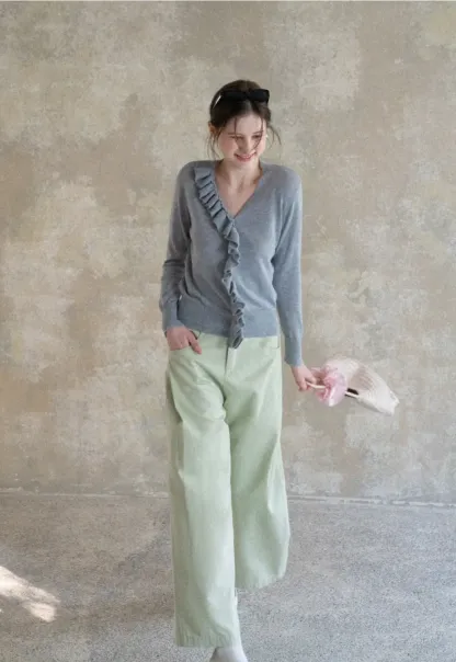 Lightweight Long Sleeve Knit Sweater with Ruffled Trim