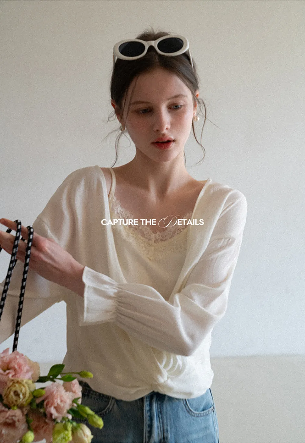 Lace Trimmed V Neck Long Sleeve Wrap Shirt