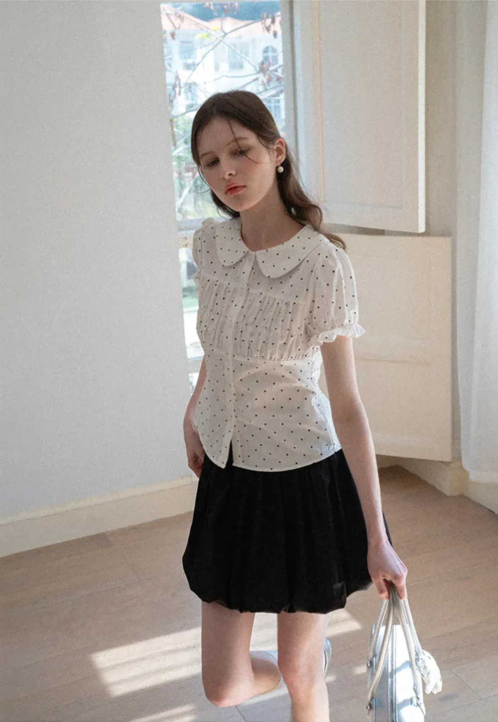 Polka dot shirt with ruffled sleeves and Peter Pan collar