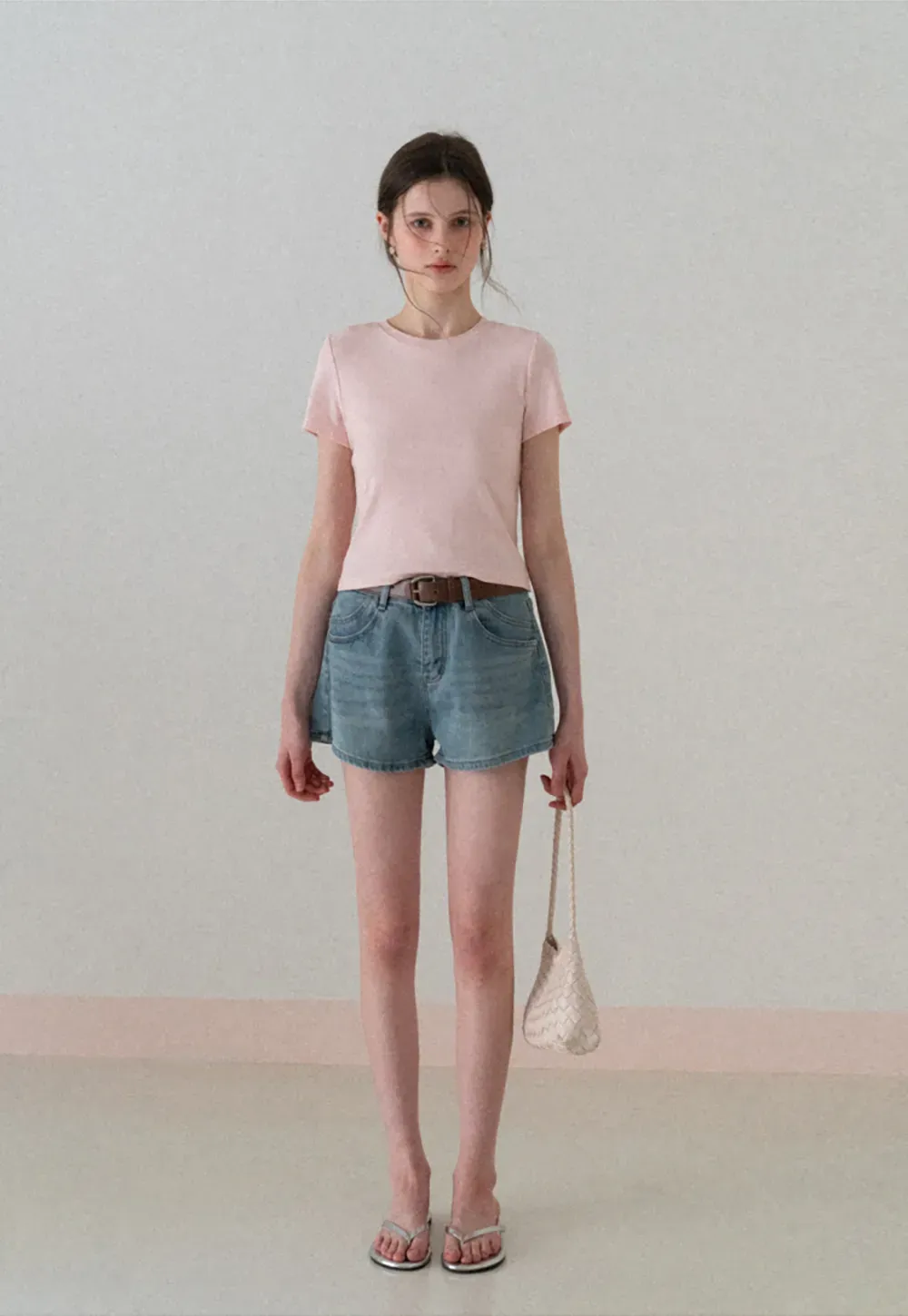 Short Sleeve Crew Neck T Shirt with Sheer Scarf Detail