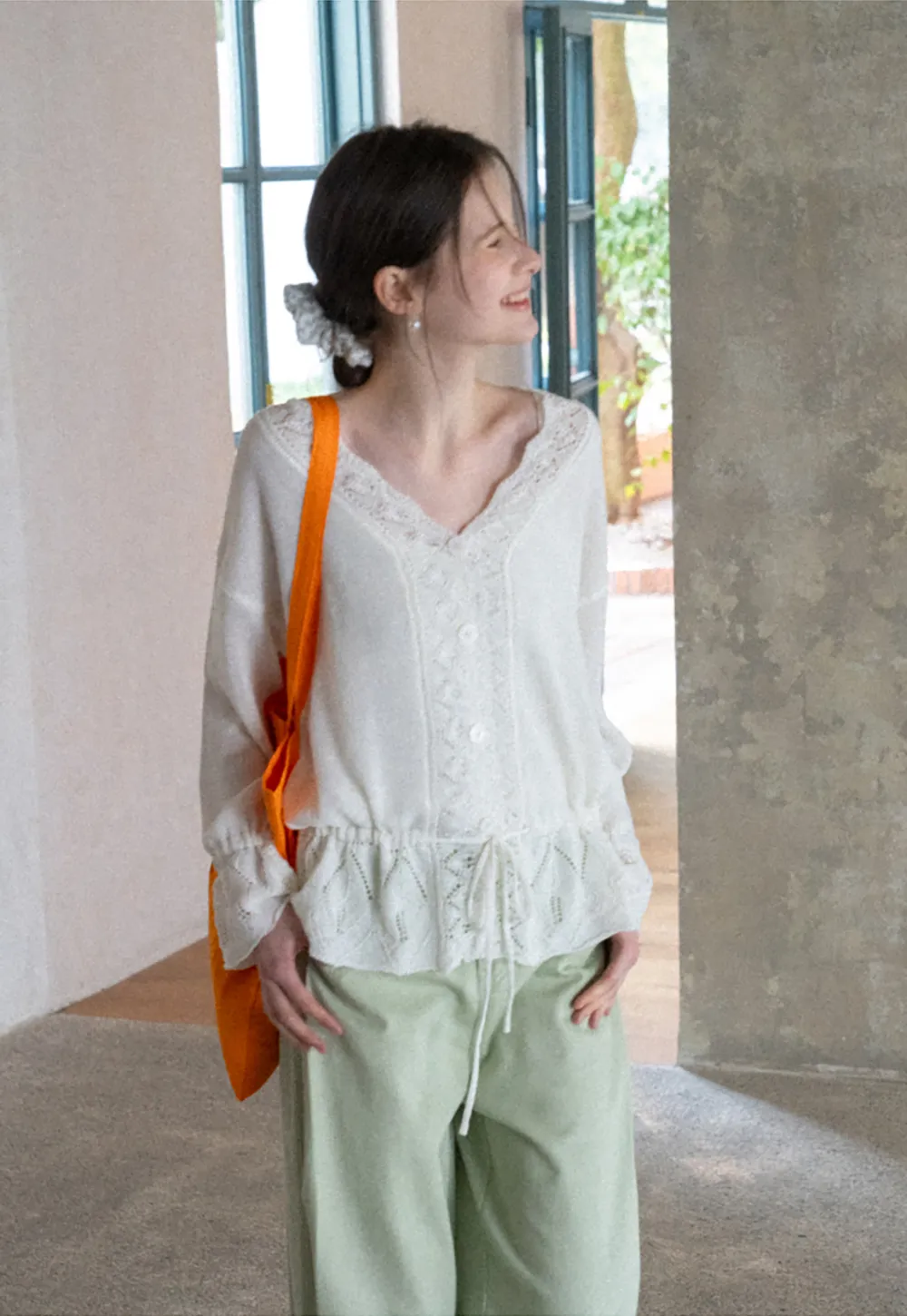 Lace Trimmed V Neck Knit Sweater with Drawstring Hem