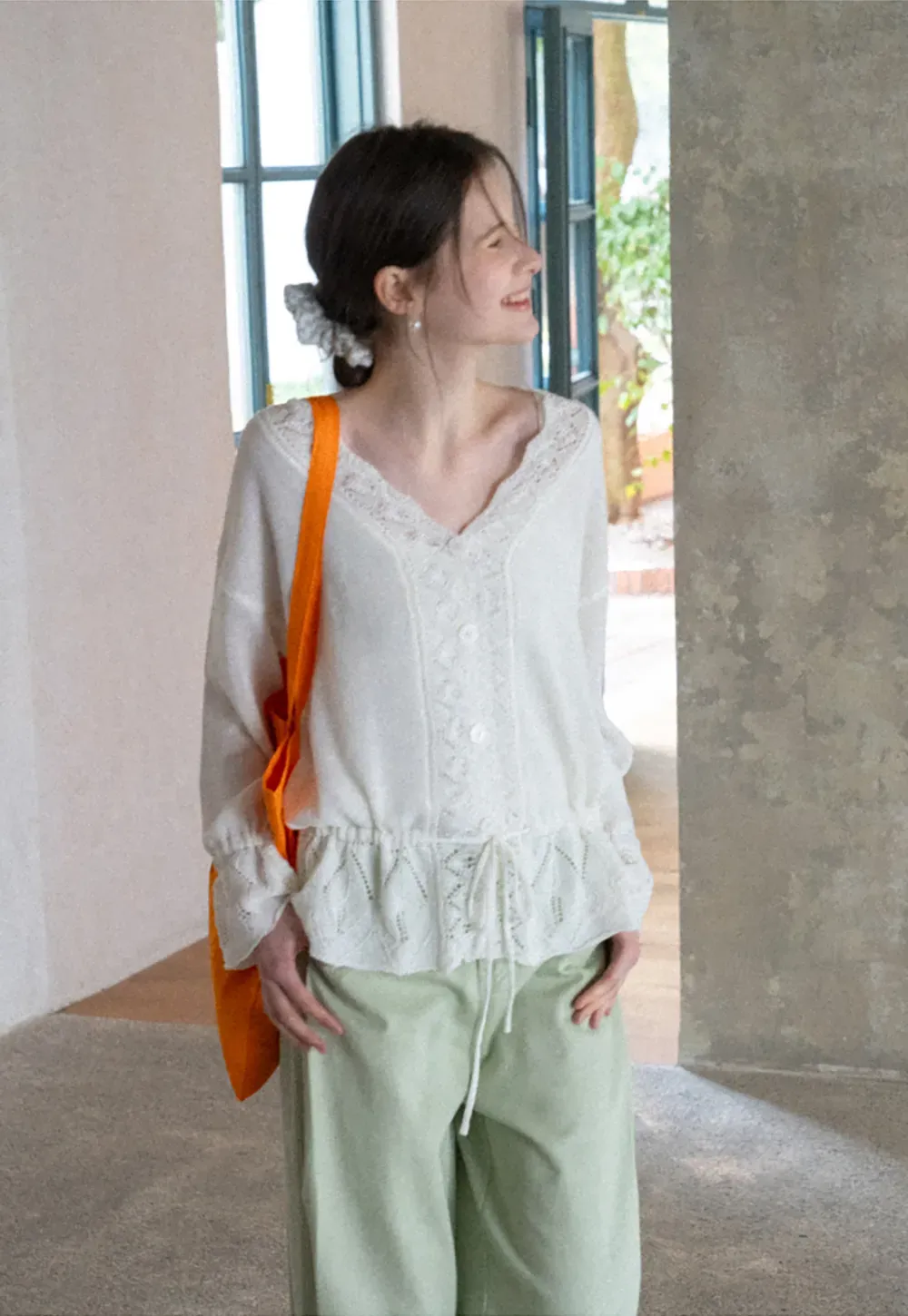 Lace Trimmed V Neck Knit Sweater with Drawstring Hem