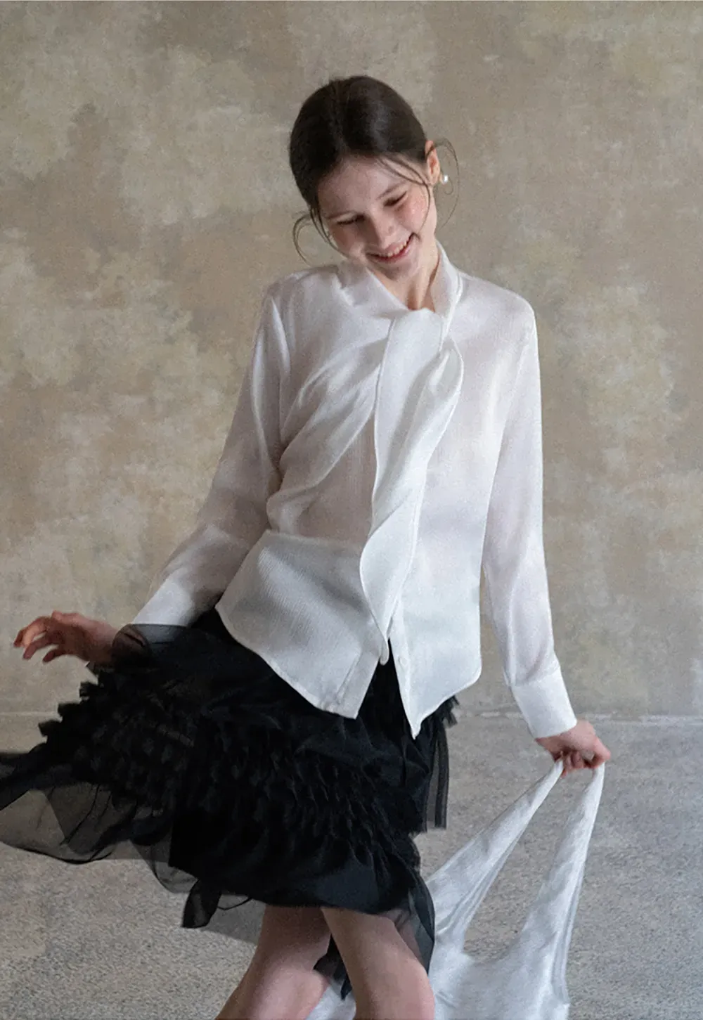 Ribbed Long Sleeve Shirt with Tie Neck Detail