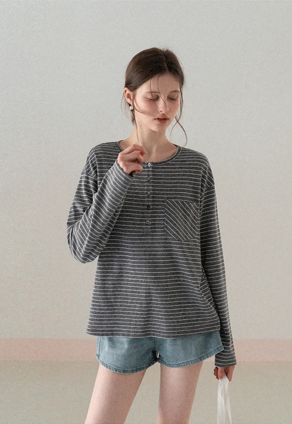 Long sleeve striped henley shirt with chest pocket