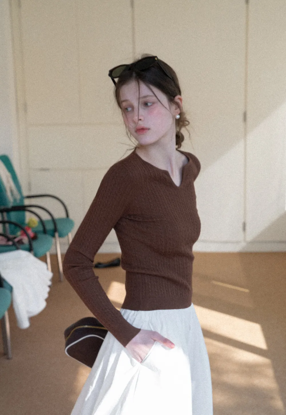 V Neck Cable Knit Sweater Top