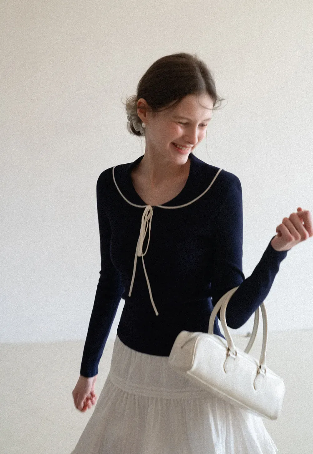 Knit Sweater with Collar and Tie Detail