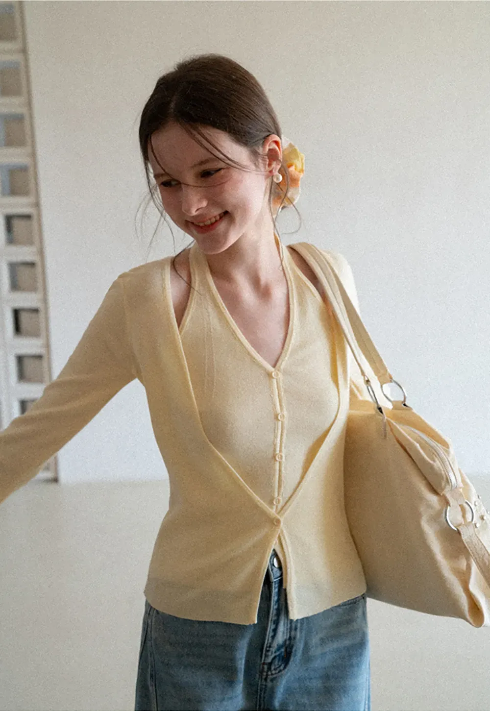 V neck long sleeve knit cardigan with open shoulders