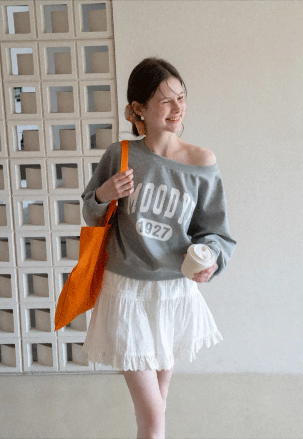 Gray Off Shoulder Sweatshirt with Bold Lettering and Year Print