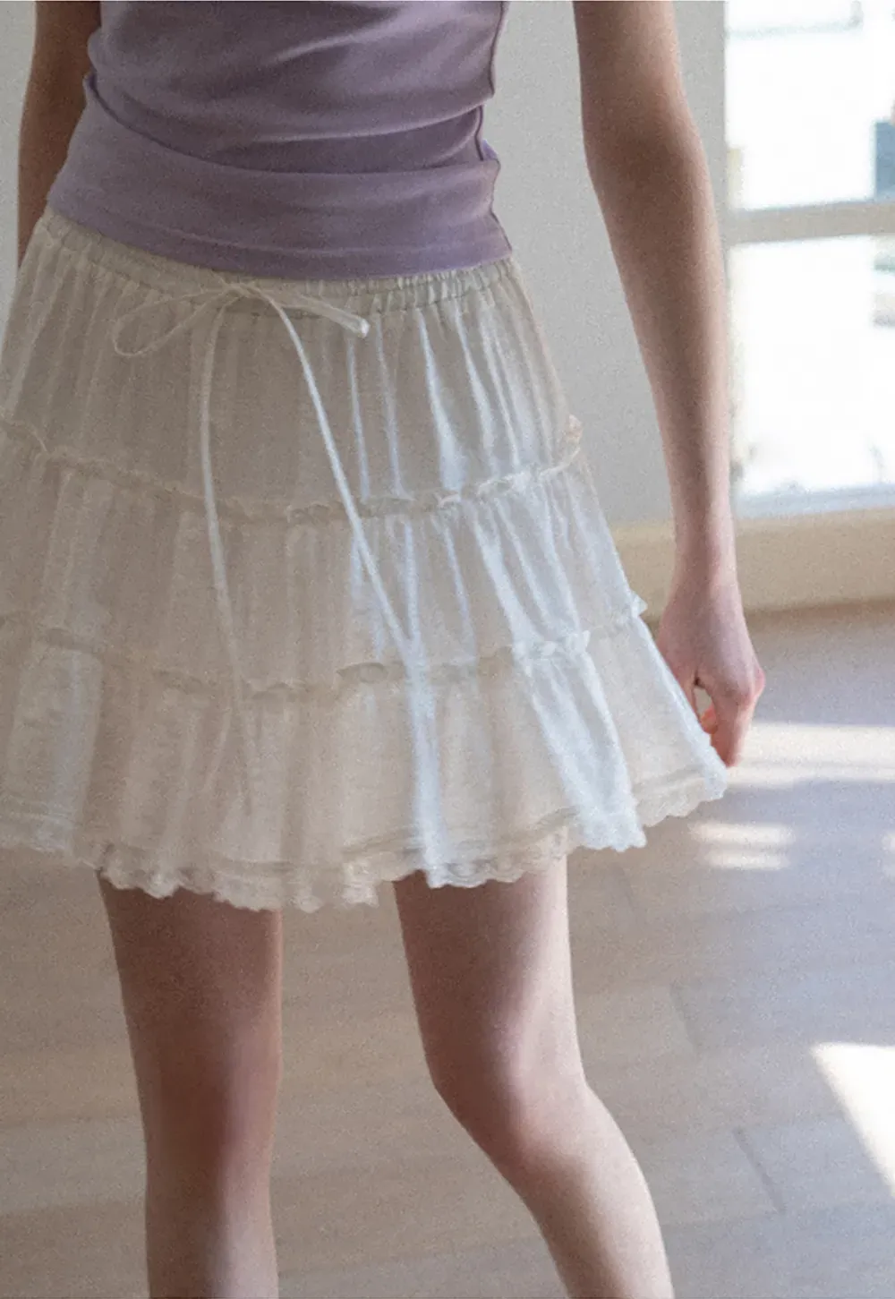 Tiered lace hem drawstring waist skirt