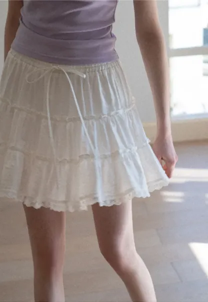 Tiered lace hem drawstring waist skirt