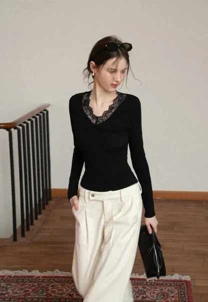 Elegant Black Lace-Trimmed Long Sleeve Top