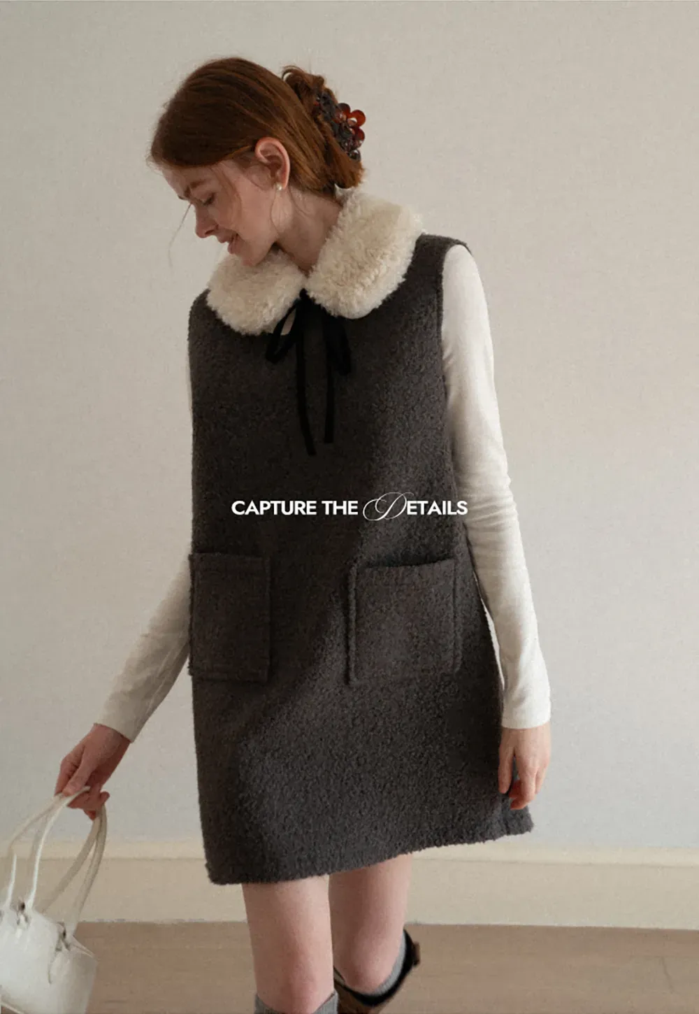 Wool Blend Sleeveless Dress with Faux Fur Collar