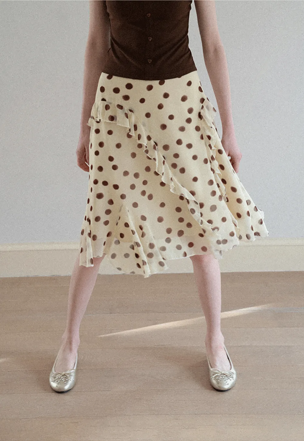 Polka dot ruffled asymmetrical midi skirt