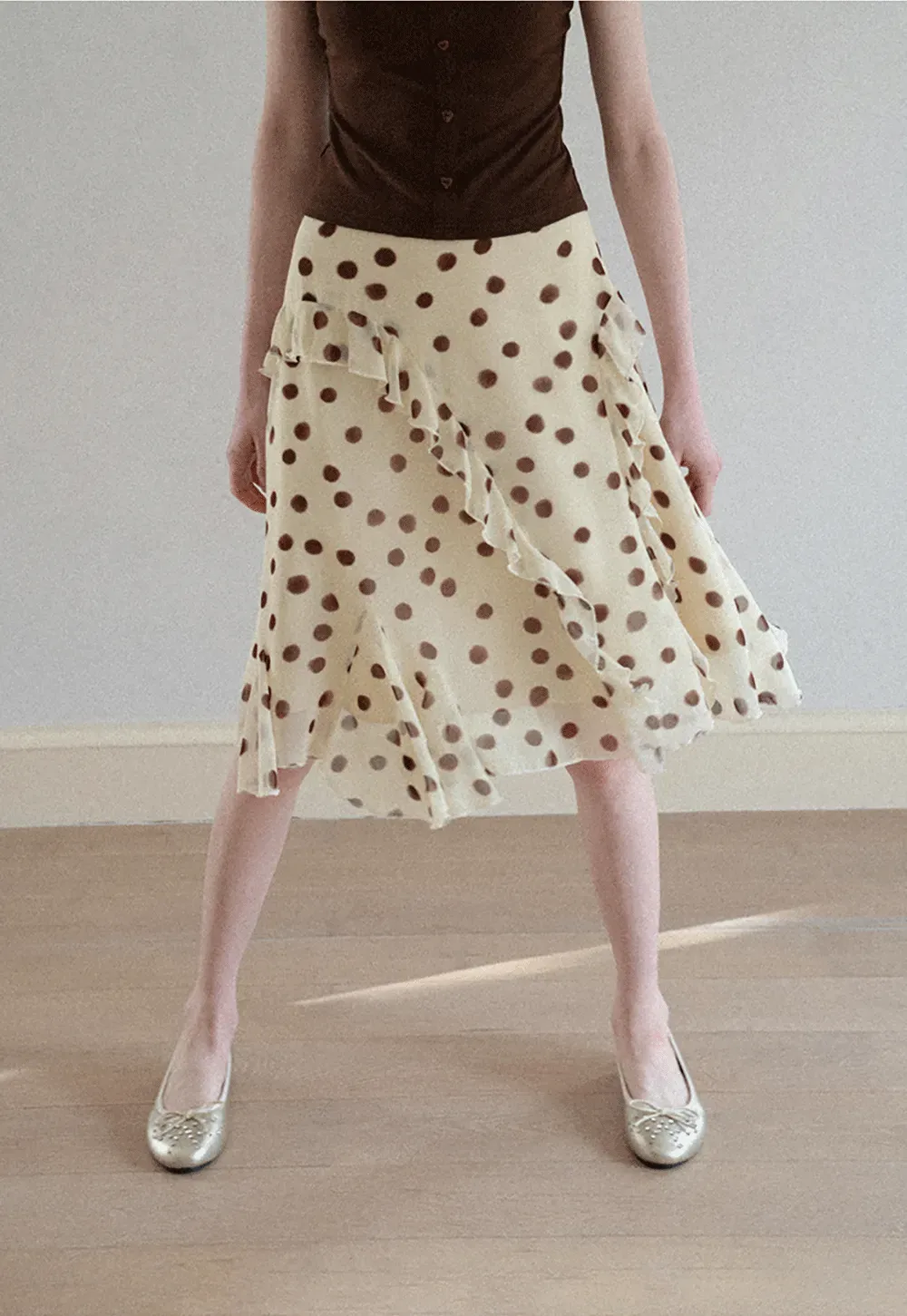 Polka dot ruffled asymmetrical midi skirt