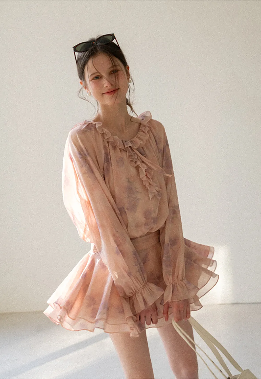 Floral Print Ruffled Neck Long Sleeve Dress